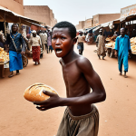 **Desperate Thief:** A young man with a look of despair being chased through a bustling marketplace in Ouagadougou after stealing a loaf of bread. Focus on the contrast between his poverty and the abundance around him.
