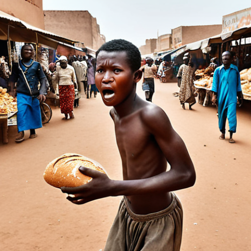 **Desperate Thief:** A young man with a look of despair being chased through a bustling marketplace in Ouagadougou after stealing a loaf of bread. Focus on the contrast between his poverty and the abundance around him.