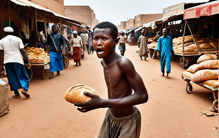 **Desperate Thief:** A young man with a look of despair being chased through a bustling marketplace in Ouagadougou after stealing a loaf of bread. Focus on the contrast between his poverty and the abundance around him.
