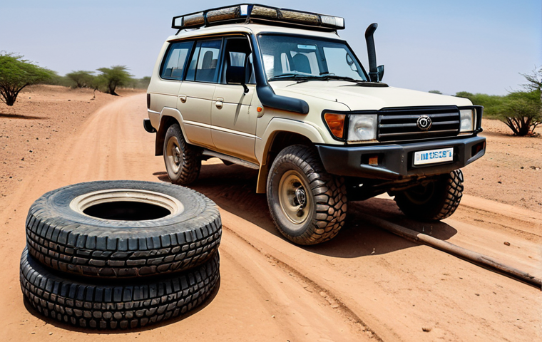 A male traveler, fully clothed in modest, practical safari attire, thoroughly inspecting the rugged tires and undercarriage of a powerful 4WD SUV (e.g., Toyota Land Cruiser) on a dusty, unpaved road in Burkina Faso. The vehicle is high-clearance and looks ready for challenging terrain. In the background, a vast, arid landscape under a clear sky. A spare tire is visible, along with essential off-road equipment like a tow rope and shovel nearby. safe for work, appropriate content, fully clothed, perfect anatomy, correct proportions, natural pose, professional photography, high quality, well-formed hands, natural body proportions, family-friendly.