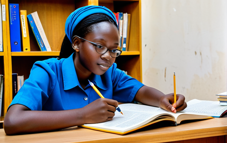 Academic Life in Burkina Faso**

"A fully clothed, professional female student with perfect anatomy studying at a desk in the library of Université de Ouagadougou, surrounded by books and other students, appropriate attire, safe for work, modest dress, natural pose, well-formed hands, proper finger count, natural body proportions, high quality, family-friendly."

**