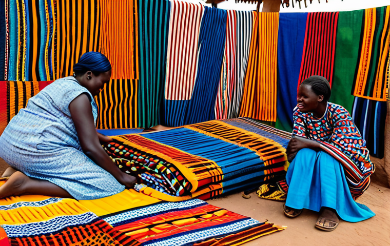 **Textile Art:** "A vibrant market scene in Burkina Faso, showcasing colorful handwoven fabrics with intricate patterns. Fully clothed artisans are displaying their work. Safe for work, appropriate content, professional photography, perfect anatomy, natural proportions, family-friendly."