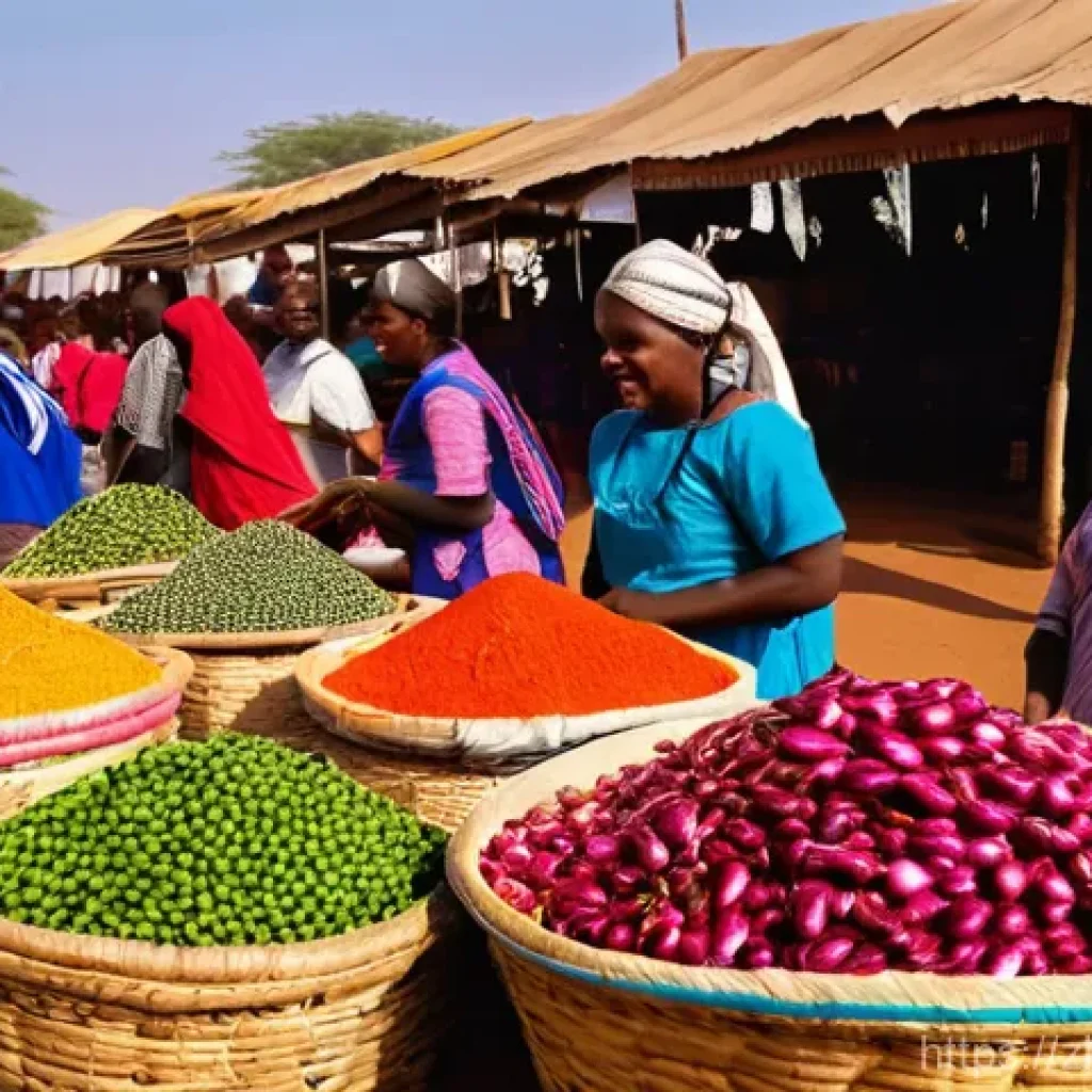 부르키나파소 전통 음식 및 요리법 - **Vibrant Burkinabe Market Scene:** A bustling and colorful outdoor market in Burkina Faso. Local wo...