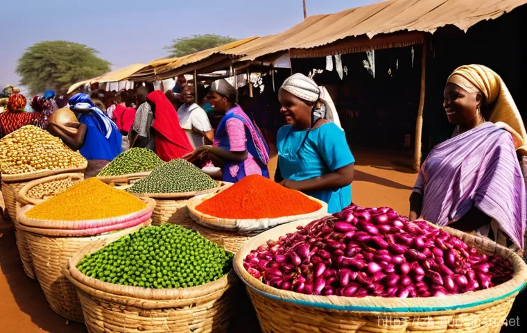 부르키나파소 전통 음식 및 요리법 - **Vibrant Burkinabe Market Scene:** A bustling and colorful outdoor market in Burkina Faso. Local wo...