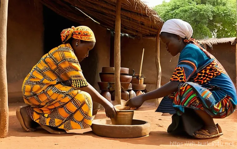 부르키나파소 전통 음식 및 요리법 - **Vibrant Burkinabe Market Scene:** A bustling and colorful outdoor market in Burkina Faso. Local wo...