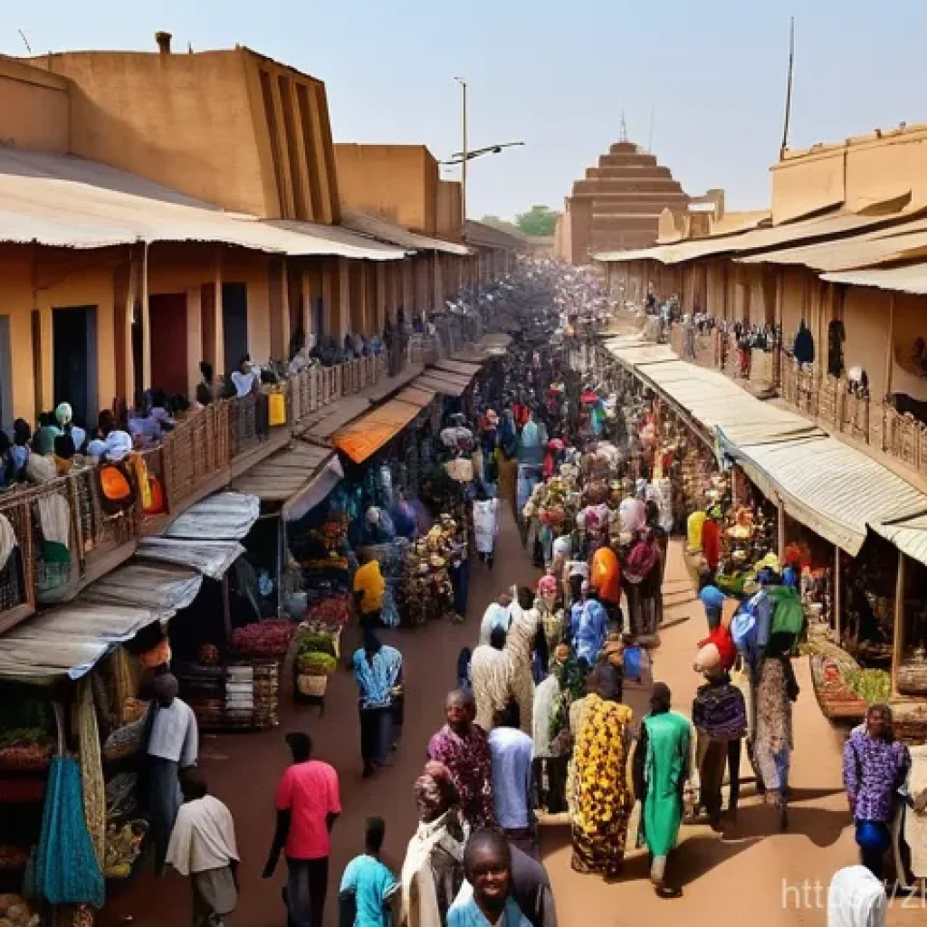 부르키나파소 주요 도시 및 특징 - **Ouagadougou Grand Market Scene:**
    "A vibrant and bustling street scene in Ouagadougou, Burkina...