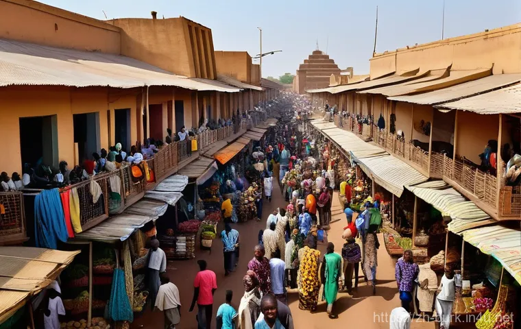 부르키나파소 주요 도시 및 특징 - **Ouagadougou Grand Market Scene:**
    "A vibrant and bustling street scene in Ouagadougou, Burkina...