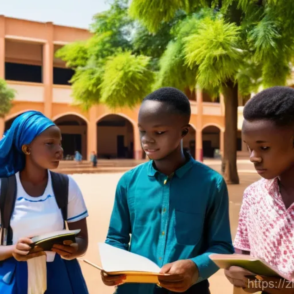 부르키나파소의 대학교 및 연구소 소개 - **Vibrant Campus Life at Joseph Ki-Zerbo University:** A dynamic, wide-angle shot capturing the bust...