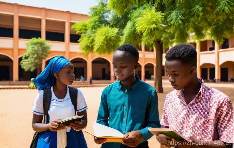 부르키나파소의 대학교 및 연구소 소개 - **Vibrant Campus Life at Joseph Ki-Zerbo University:** A dynamic, wide-angle shot capturing the bust...