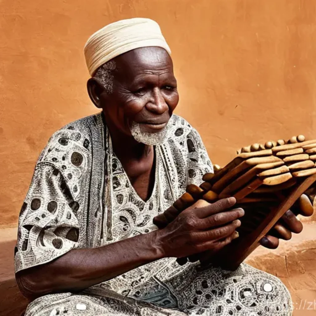 부르키나파소의 유명한 민속 음악 및 전통 공연 - **A Skilled Balafon Player in a Burkinabé Village**
    Generate an image of a serene and focused Bu...