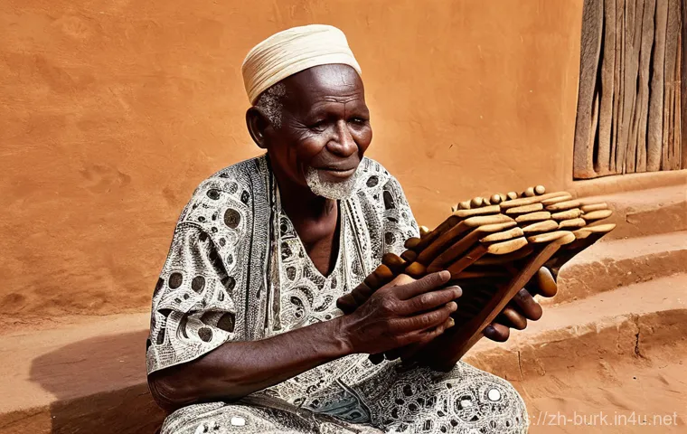 부르키나파소의 유명한 민속 음악 및 전통 공연 - **A Skilled Balafon Player in a Burkinabé Village**
    Generate an image of a serene and focused Bu...