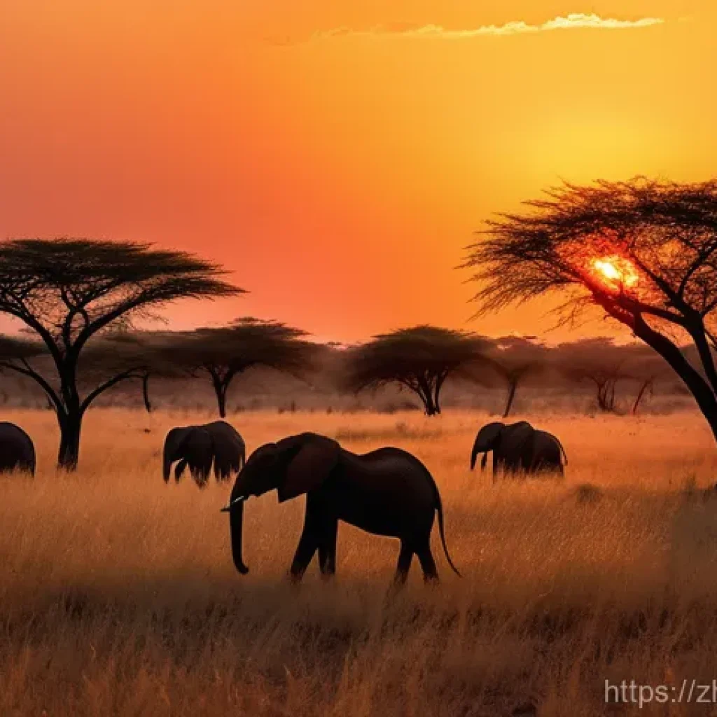 부르키나파소 자연환경 및 생태 관광 - A panoramic view of the vast, untouched tropical savanna in Burkina Faso at sunset. The sky is a vib...