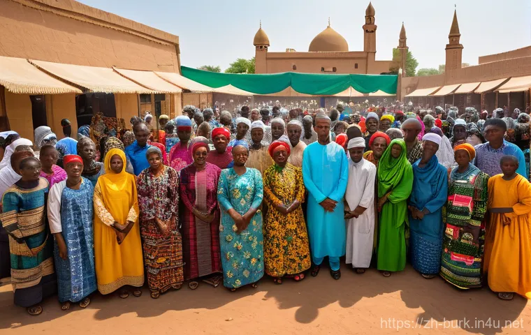 부르키나파소의 종교 및 신앙 문화 - **A vibrant scene of interfaith harmony in Burkina Faso.** Depict a diverse group of people, includi...