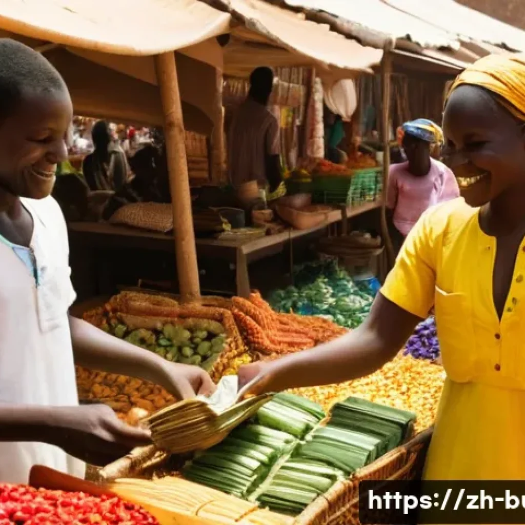 부르키나파소의 화폐 및 환전 팁 - **Prompt:** A vibrant, bustling outdoor market scene in Ouagadougou, Burkina Faso. A young female tr...