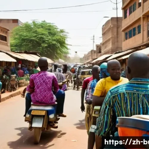 부르키나파소에서 사용할 수 있는 대중교통 패스 - **Prompt:** A vibrant, bustling street scene in Ouagadougou, Burkina Faso, at midday. The foreground...