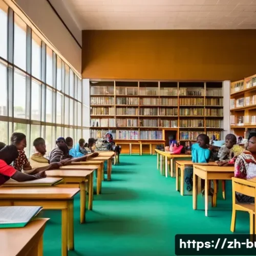 부르키나파소의 주요 도서관 및 연구기관 - A vibrant scene inside Burkina Faso’s National Library in Ouagadougou, showing diverse groups of peo...