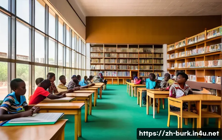 부르키나파소의 주요 도서관 및 연구기관 - A vibrant scene inside Burkina Faso’s National Library in Ouagadougou, showing diverse groups of peo...