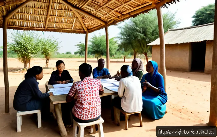 부르키나파소에서 활동하는 NGO 단체 - Photorealistic humanitarian NGO field team meeting with Burkinabé village residents beneath a shaded...